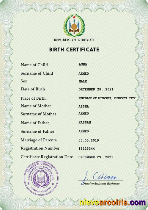 Djibouti vital record birth certificate